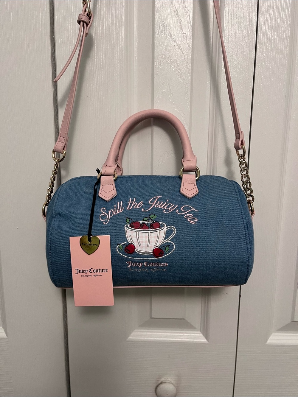 Juicy Couture Denim Blue Barrel Bag with Pink Handles